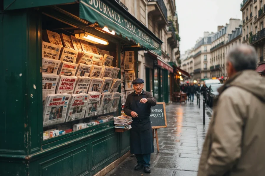 Un kiosque à journaux vert-brun avec étals visibles et passants arborant chapeau, dans une rue parisienne humide reflétant les lumières blanches.