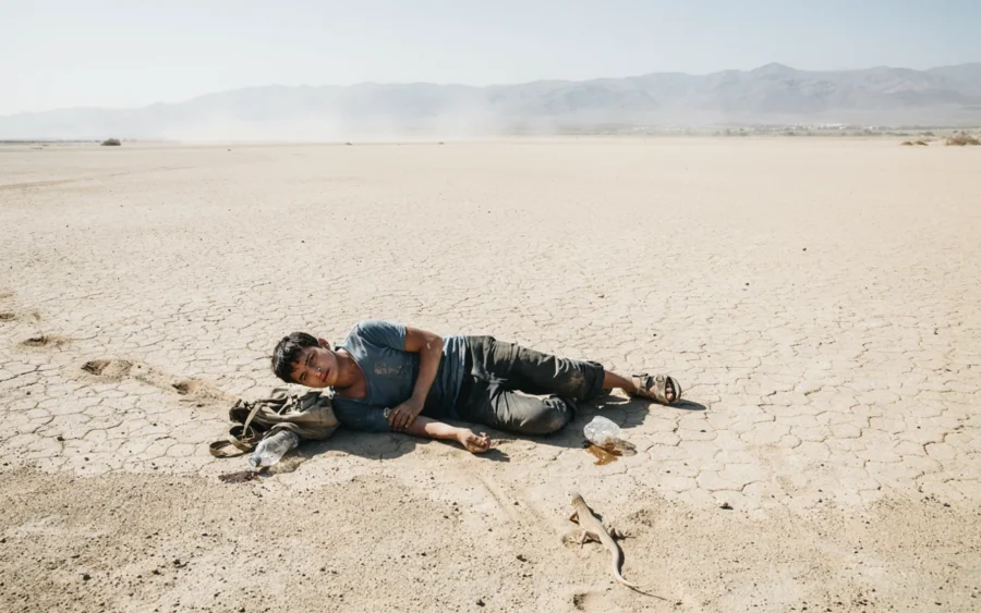 Un homme est allongé sur le sol sablonneux d'un vaste désert ensoleillé. Il semble inconscient ou épuisé avec des montagnes brumeuses à l'horizon.