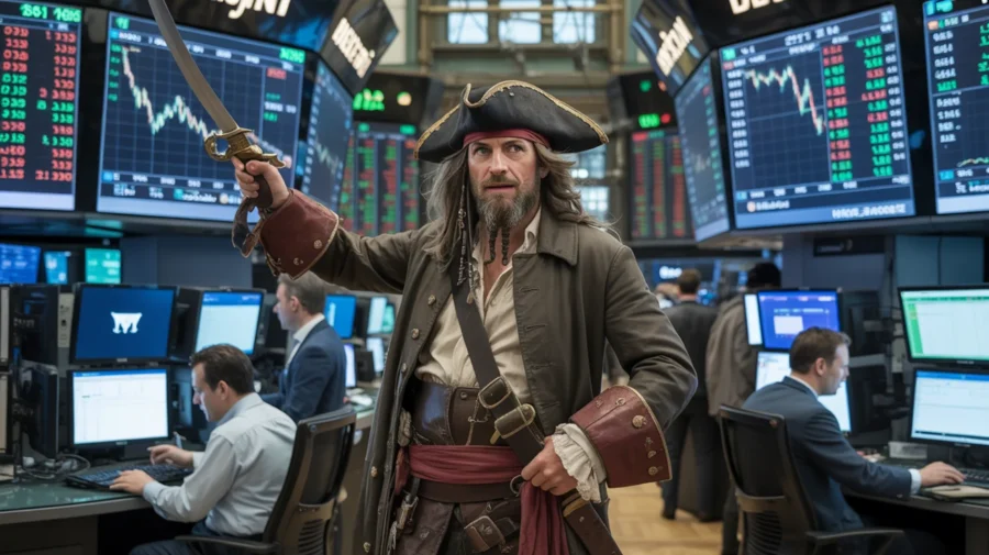 Un homme déguisé en pirate avec un sabre brandit dans une salle de trading entourée de traders et d'écrans financiers.