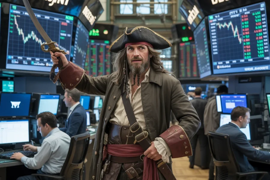 Un homme déguisé en pirate avec un sabre brandit dans une salle de trading entourée de traders et d'écrans financiers.