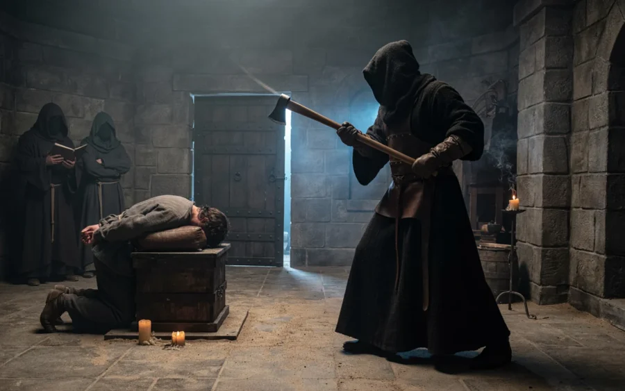 Un individu vêtu d'une cape sombre brandit une hache devant une porte de caveau.