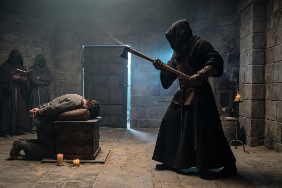 Un individu vêtu d'une cape sombre brandit une hache devant une porte de caveau.