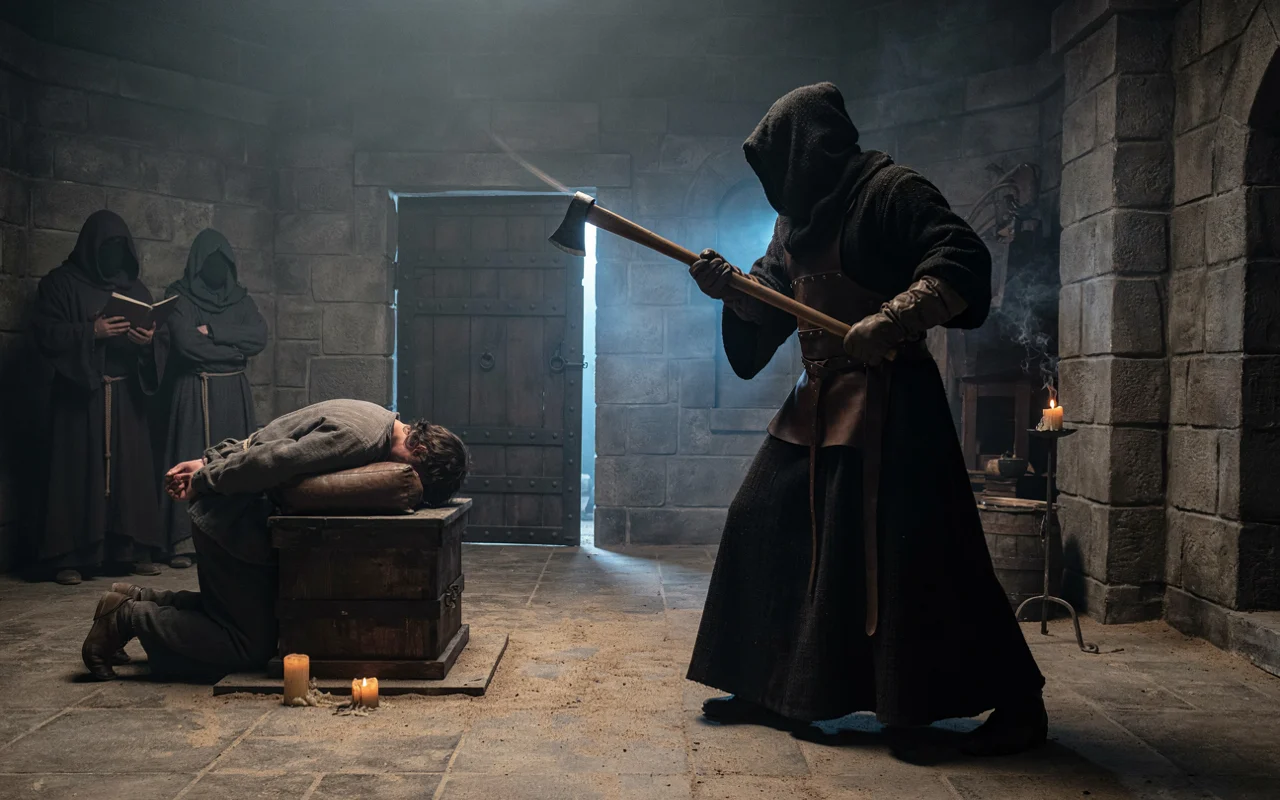 Un individu vêtu d'une cape sombre brandit une hache devant une porte de caveau.