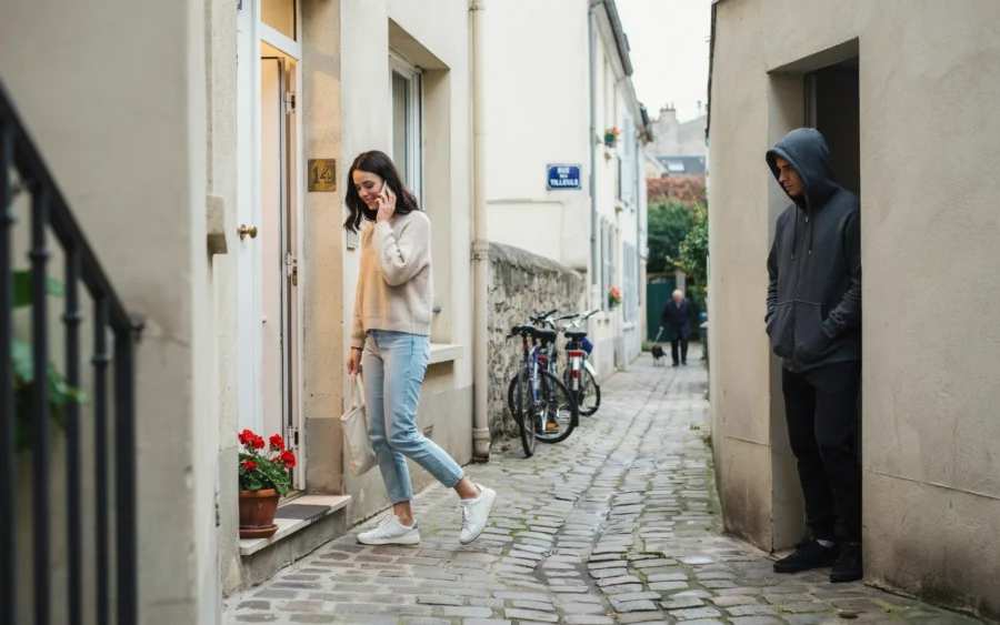 Une femme marche sur un chemin pavé en discutant au téléphone. Un individu vêtu d'une capuche la surveille depuis un passage latéral.