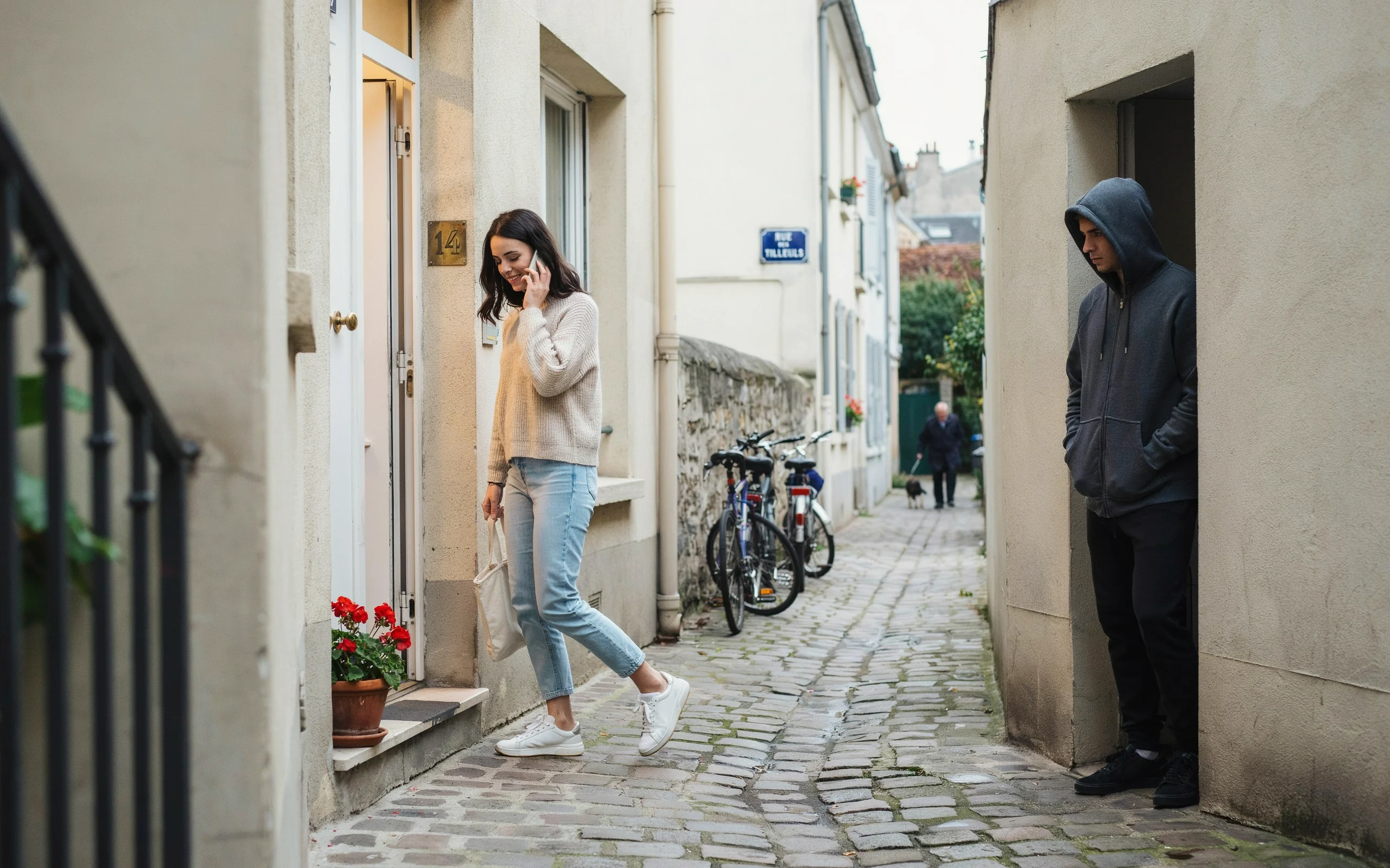 Une femme marche sur un chemin pavé en discutant au téléphone. Un individu vêtu d'une capuche la surveille depuis un passage latéral.