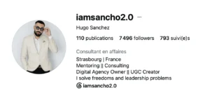 Capture du profil Instagram d'iamsancho2.0 affichant sa bio de consultant en affaires.