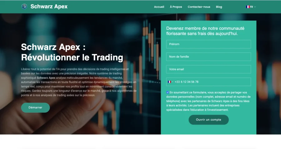Page web de l'entité Schwarz Apex avec appel à l'action et formulaire de contact