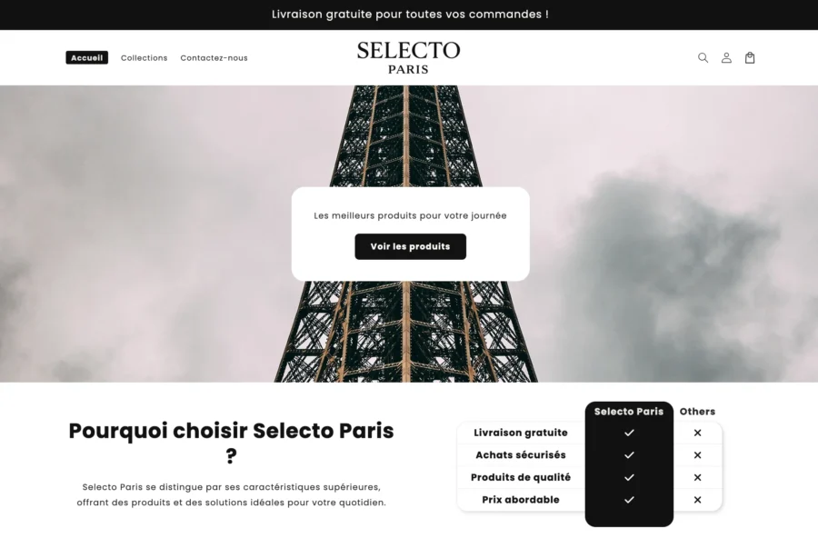 Capture d'écran du site web Selecto Paris affichant la Tour Eiffel et les avantages du service.