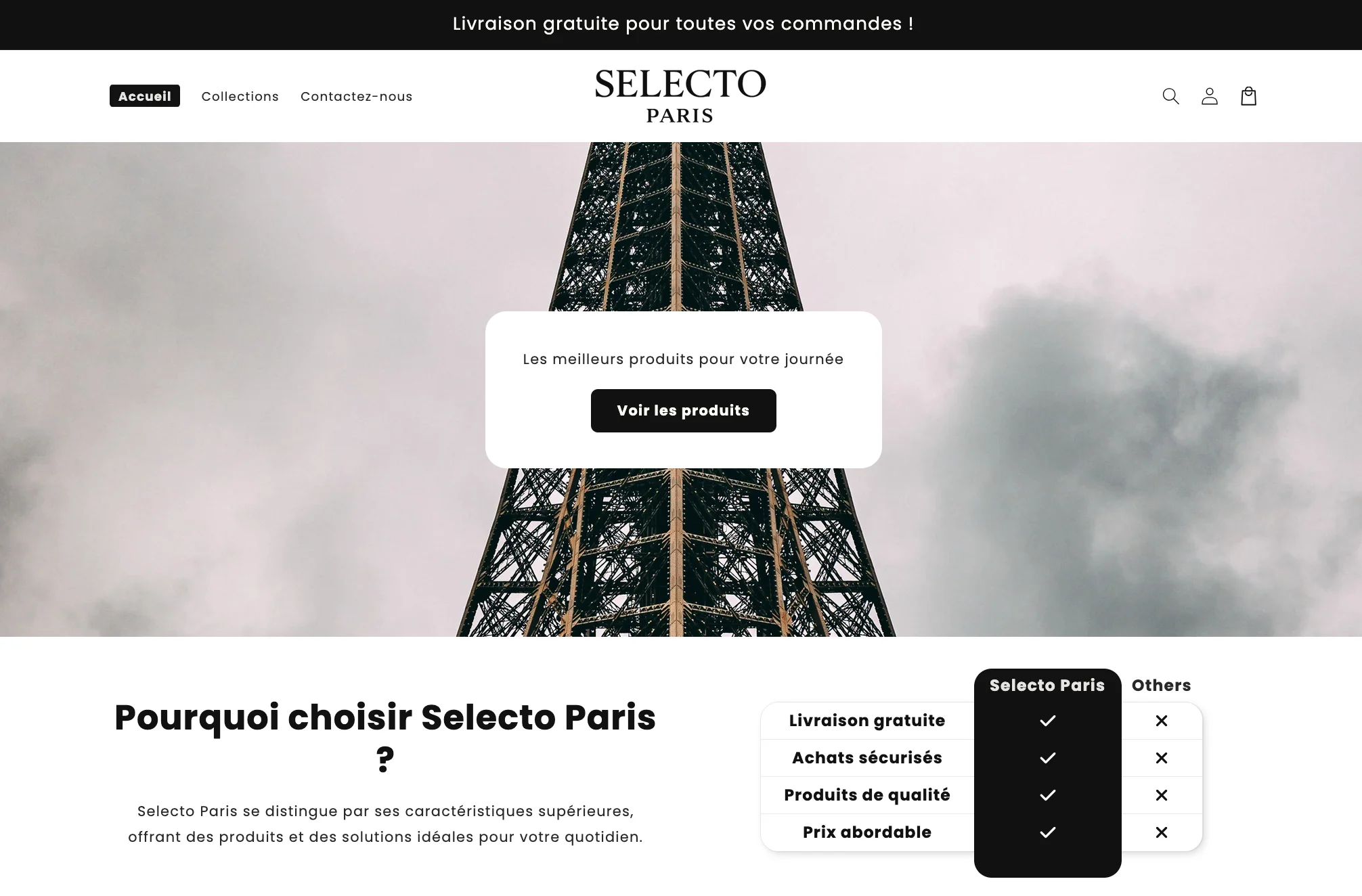 Capture d'écran du site web Selecto Paris affichant la Tour Eiffel et les avantages du service.