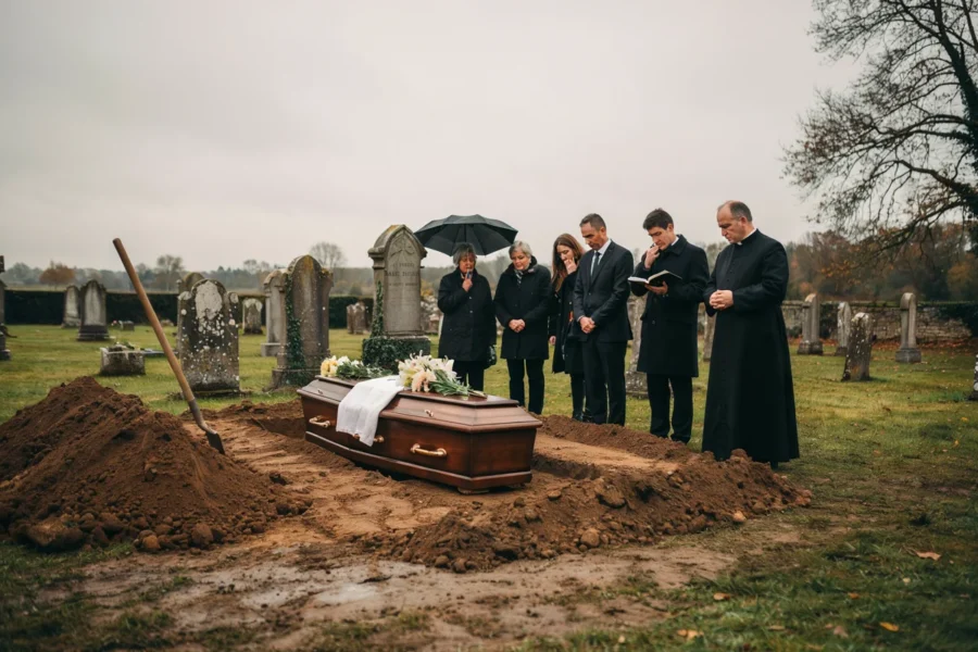 Un prêtre dirune cérémonie en présence d'un cercueil et de deuilsassistent à la sépulture.