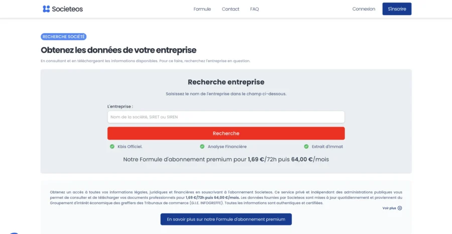 Capture d'écran de la page Societeison avec champ de recherche d'entreprise et bouton rouge Rechercher