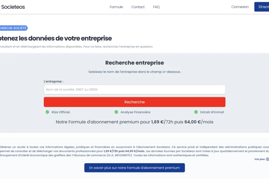 Capture d'écran de la page Societeison avec champ de recherche d'entreprise et bouton rouge Rechercher