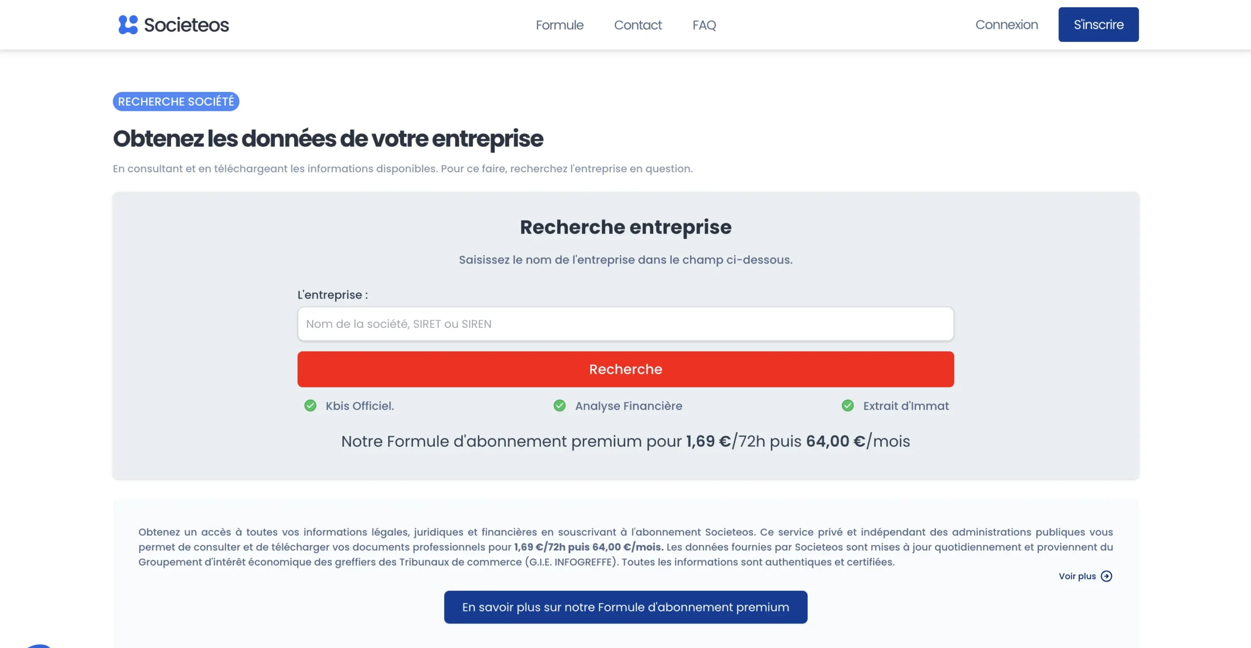 Capture d'écran de la page Societeison avec champ de recherche d'entreprise et bouton rouge Rechercher