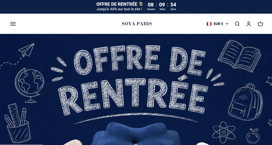 Bannière web bleu nuit de Soya Paris présentant une offre de rentrée avec des dessins scolaire et un pneu.