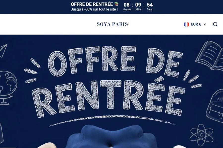 Bannière web bleu nuit de Soya Paris présentant une offre de rentrée avec des dessins scolaire et un pneu.