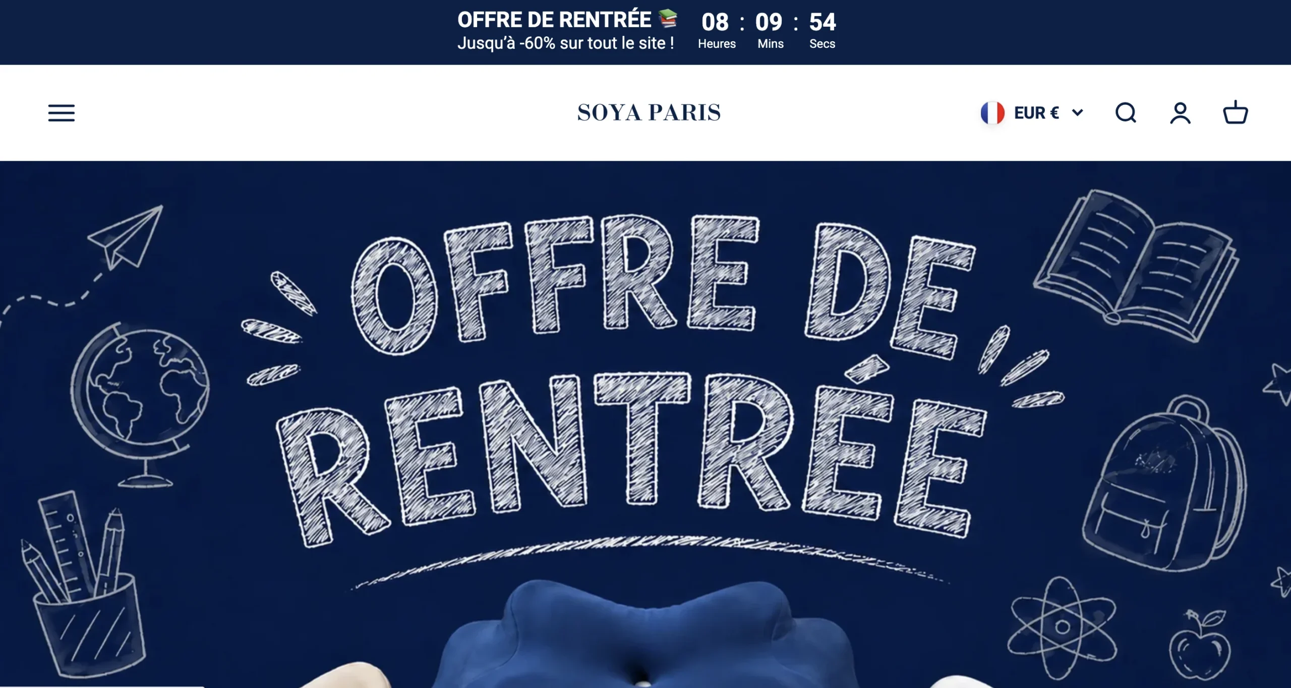 Bannière web bleu nuit de Soya Paris présentant une offre de rentrée avec des dessins scolaire et un pneu.