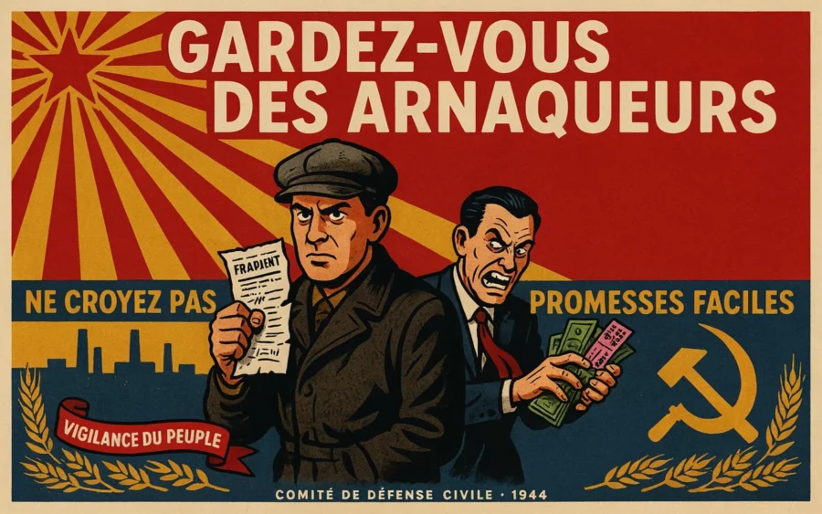 L'homme de gauche tient un document tandis que l'homme de droite affiche une expression sournoise. L'image signale le Comité de défense civile de 1944.