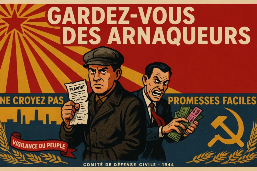 L'homme de gauche tient un document tandis que l'homme de droite affiche une expression sournoise. L'image signale le Comité de défense civile de 1944.