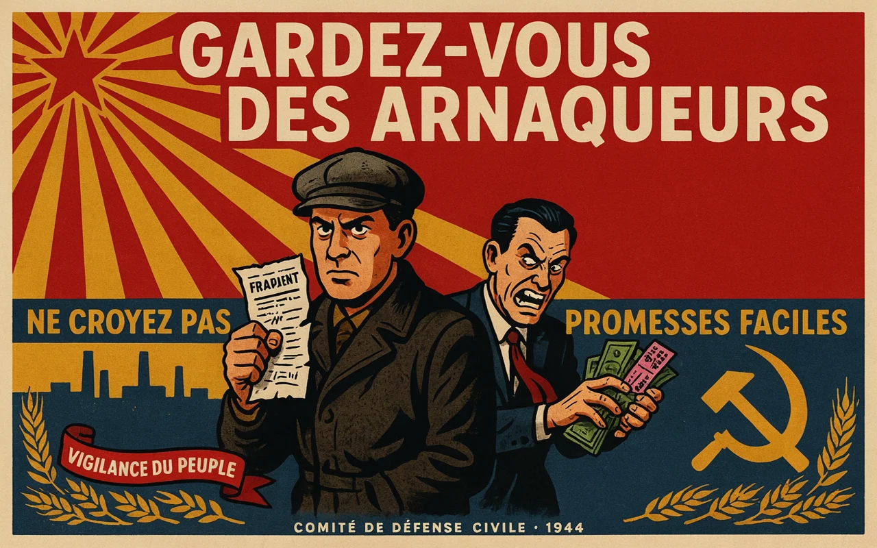 L'homme de gauche tient un document tandis que l'homme de droite affiche une expression sournoise. L'image signale le Comité de défense civile de 1944.