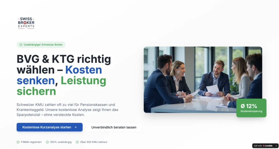 Capture d'un site web suisse présentant des informations sur les assurances BVG et KTG, avec une photo de professionnels en réunion autour d'une table.