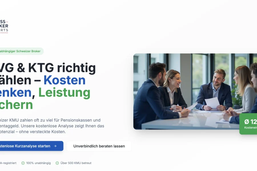 Capture d'un site web suisse présentant des informations sur les assurances BVG et KTG, avec une photo de professionnels en réunion autour d'une table.
