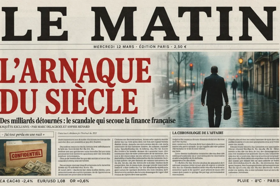 Façade d'un journal intitulé Le Matin avec le titre L'arnaque du siècle et un dossier confidentiel.