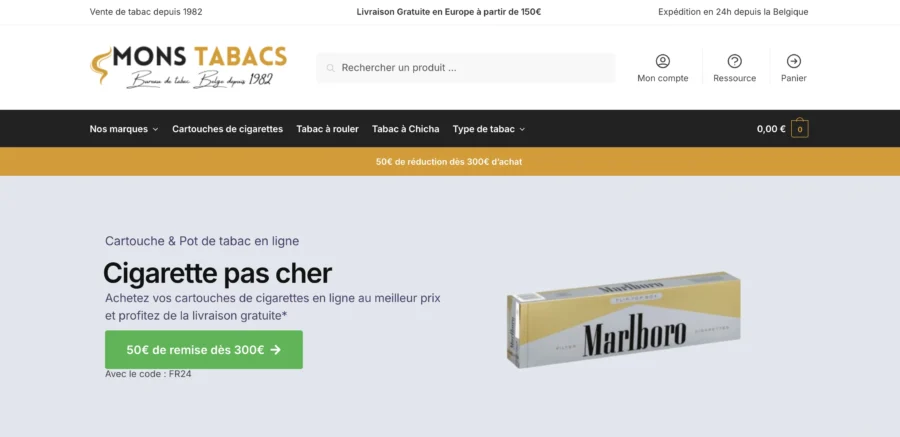 Capture d'écran du site web Mons Tabacs affichant la mention cigarette pas cher et une paquet de Marlboro.