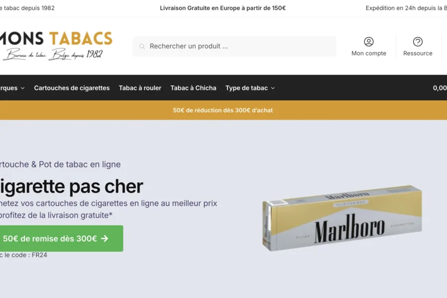 Capture d'écran du site web Mons Tabacs affichant la mention cigarette pas cher et une paquet de Marlboro.