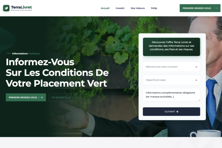 Le site web Vérival Invest met en avant l'information sur les conditions de placement vert avec un formulaire de prise de contact sur fond de bureau professionnel.