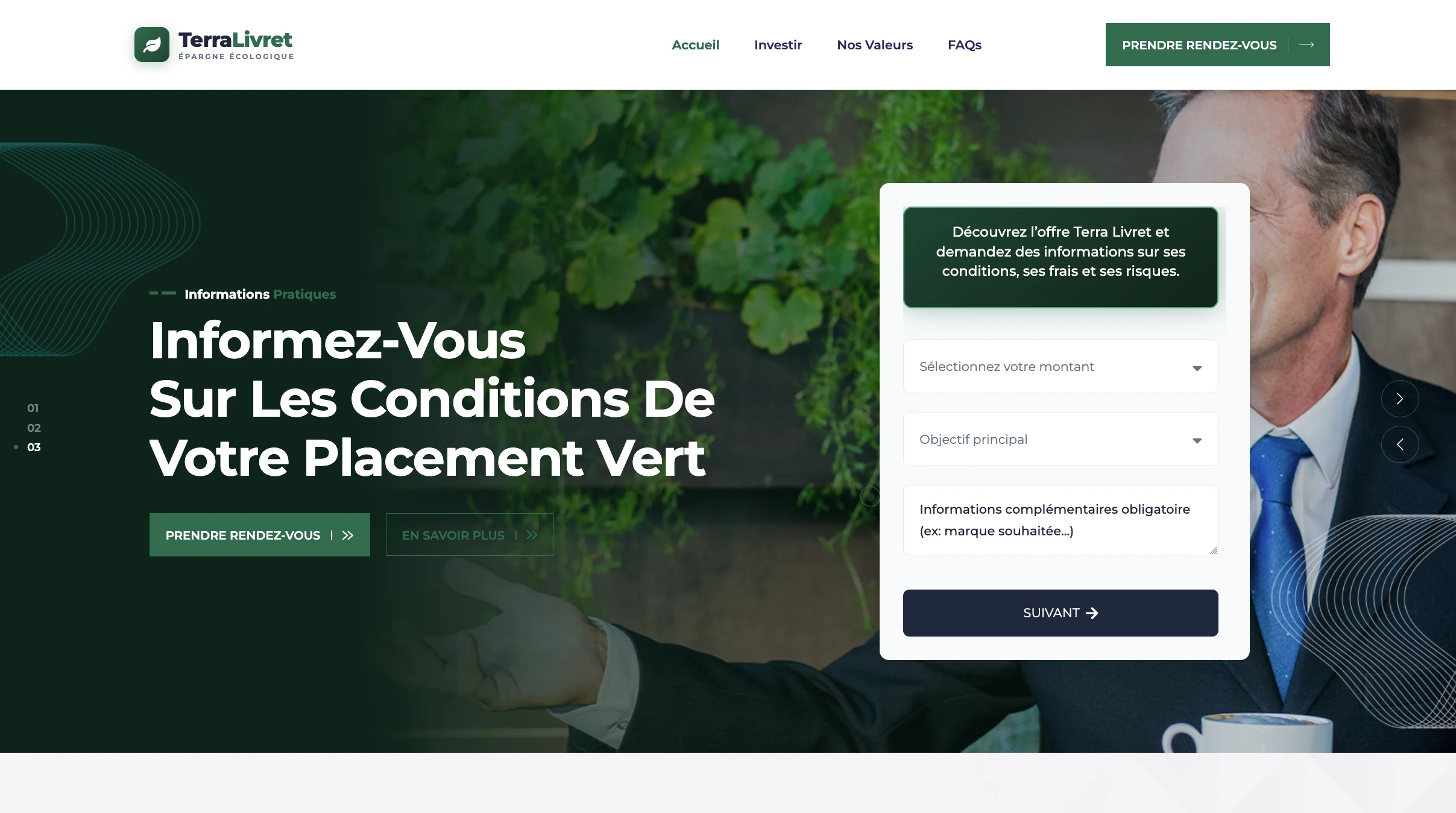 Le site web Vérival Invest met en avant l'information sur les conditions de placement vert avec un formulaire de prise de contact sur fond de bureau professionnel.