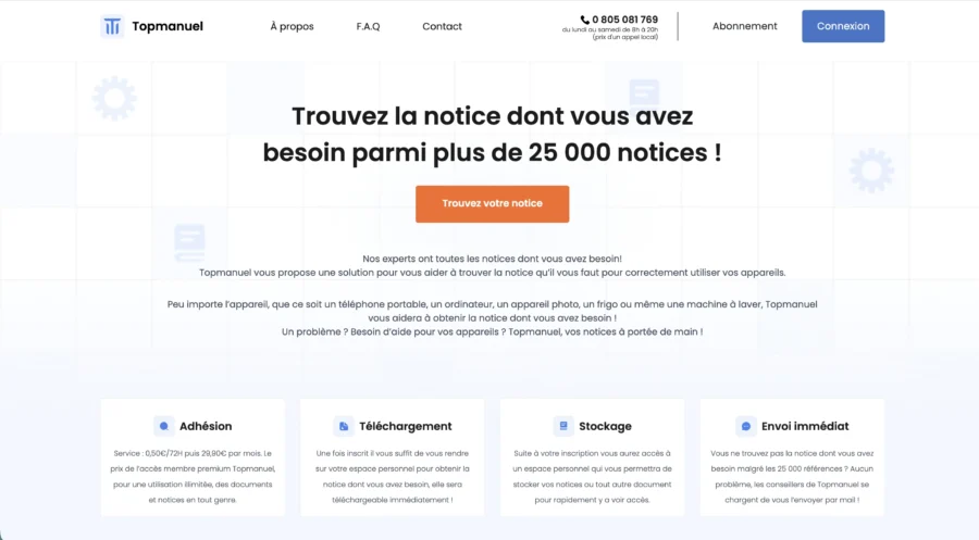 Capture d'écran de la page web du site Topmanuel proposant l'accès à 25 000 notices automobiles.