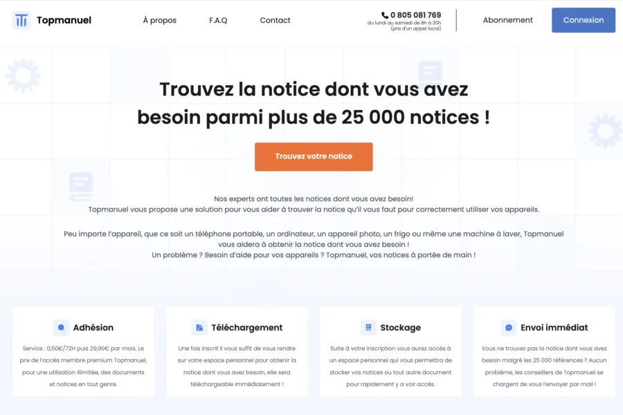 Capture d'écran de la page web du site Topmanuel proposant l'accès à 25 000 notices automobiles.