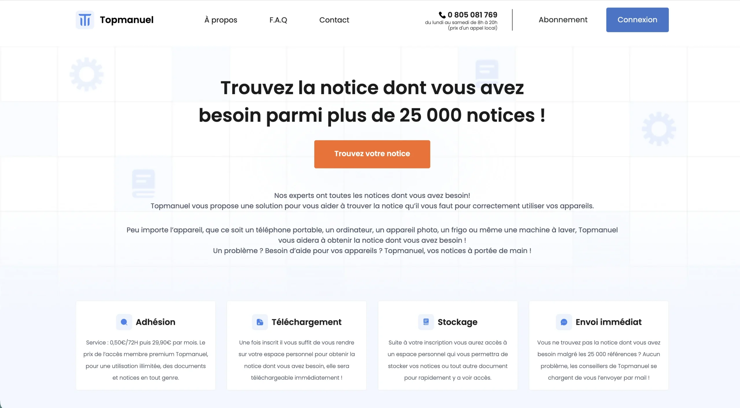 Capture d'écran de la page web du site Topmanuel proposant l'accès à 25 000 notices automobiles.