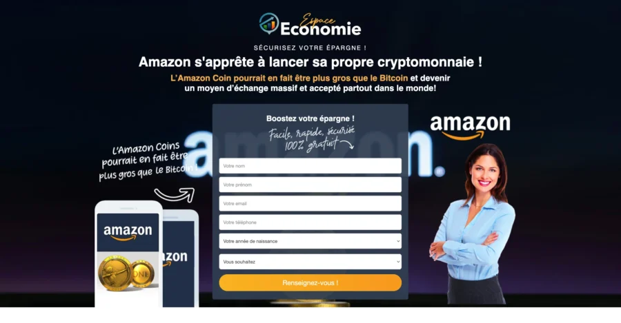 Affiche publicitaire simulée annonçant l'arrivée d'une cryptomonnaie Amazon, avec formulaires de réclamation et présentatrice.