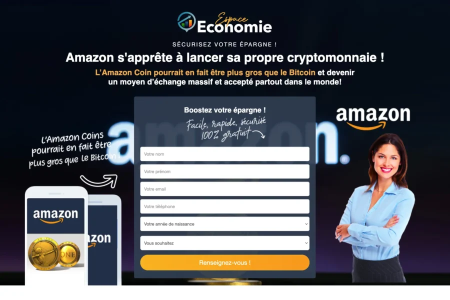 Affiche publicitaire simulée annonçant l'arrivée d'une cryptomonnaie Amazon, avec formulaires de réclamation et présentatrice.