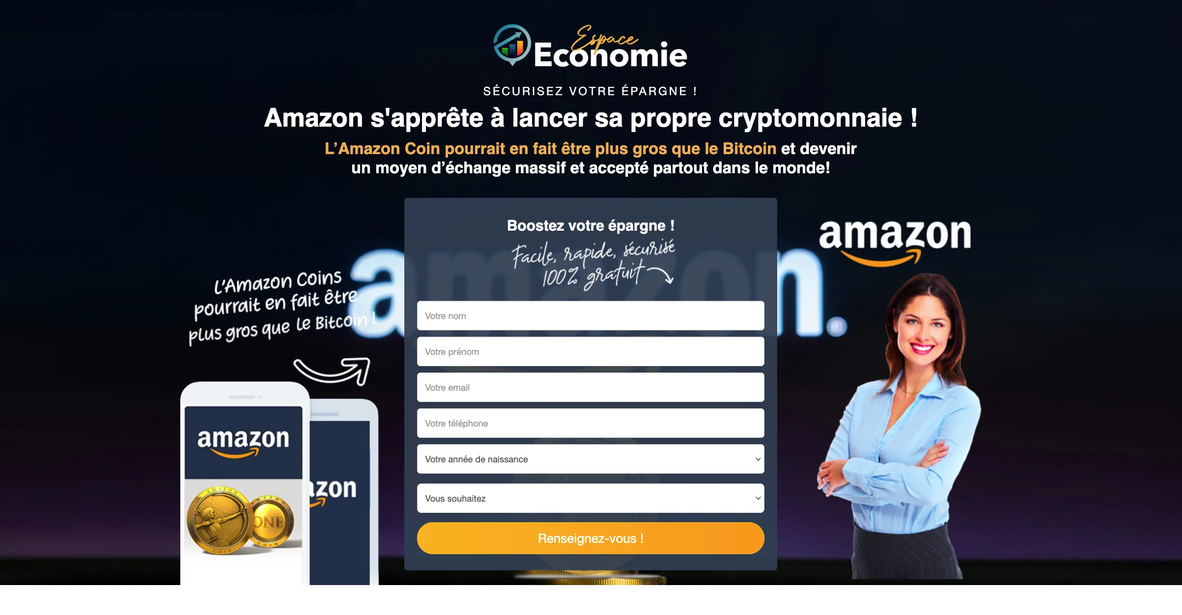 Affiche publicitaire simulée annonçant l'arrivée d'une cryptomonnaie Amazon, avec formulaires de réclamation et présentatrice.