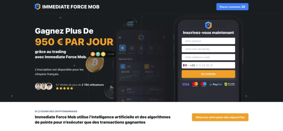 Interface du site Immediate Force Mob présentant une promesse de gain journalier de 950 euros et une simulation de formulaire d'inscription sur mobile.