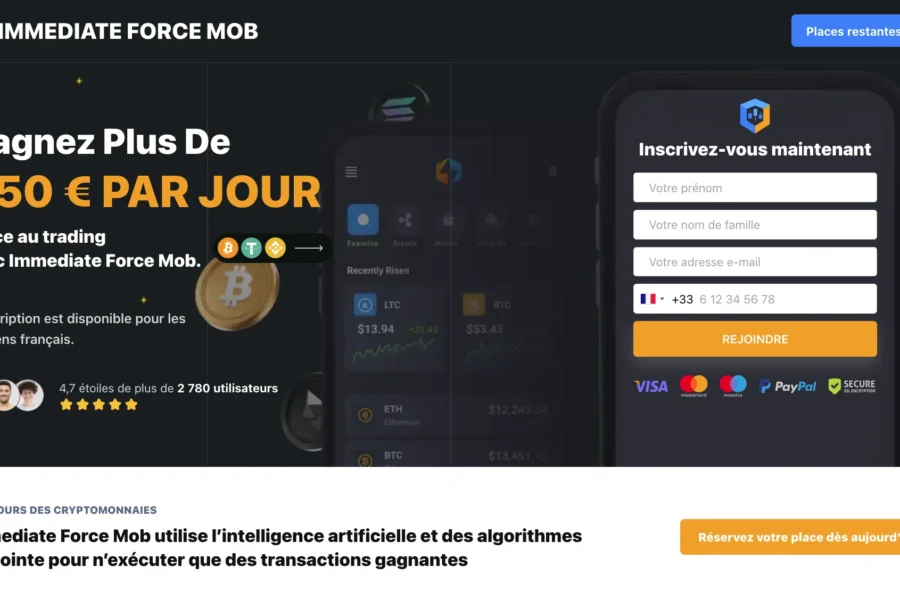 Interface du site Immediate Force Mob présentant une promesse de gain journalier de 950 euros et une simulation de formulaire d'inscription sur mobile.