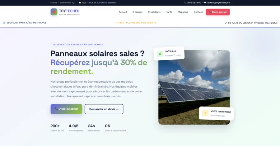 Page web de la société bytess présentant une offre de récupération de rendement pour panneaux solaires sales.