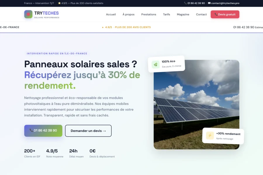 Page web de la société bytess présentant une offre de récupération de rendement pour panneaux solaires sales.