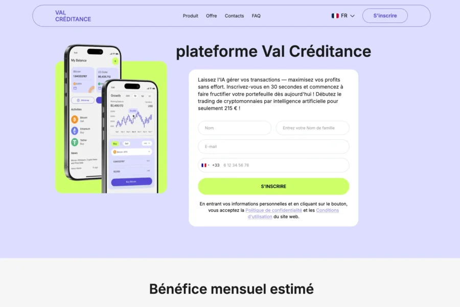 Capture d'écran d'une page promotionnelle pour la plateforme Val Créditance présentant des simulateurs financiers sur smartphones.
