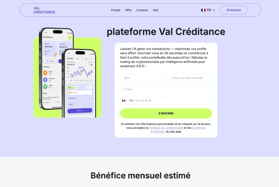 Capture d'écran d'une page promotionnelle pour la plateforme Val Créditance présentant des simulateurs financiers sur smartphones.
