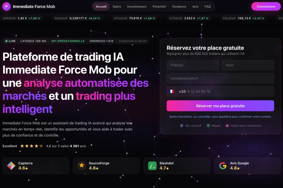 Interface web d'Immediate Force Mob affichant une offre de trading IA automatisée sur fond spatial.