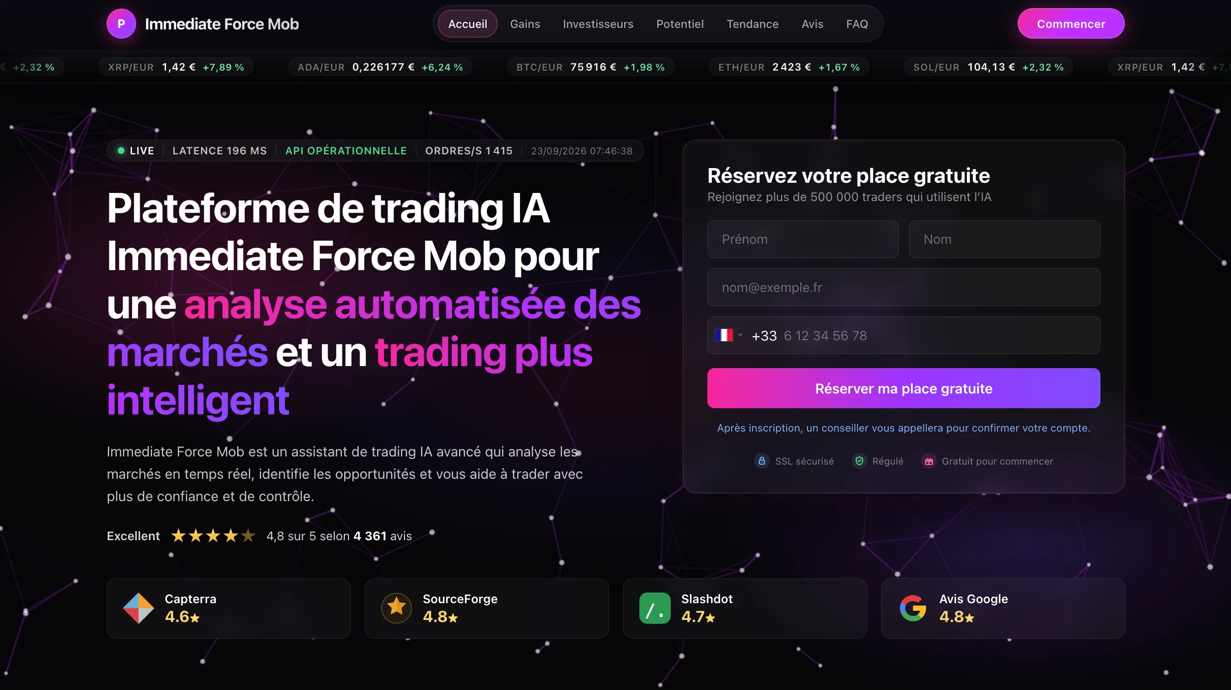 Interface web d'Immediate Force Mob affichant une offre de trading IA automatisée sur fond spatial.