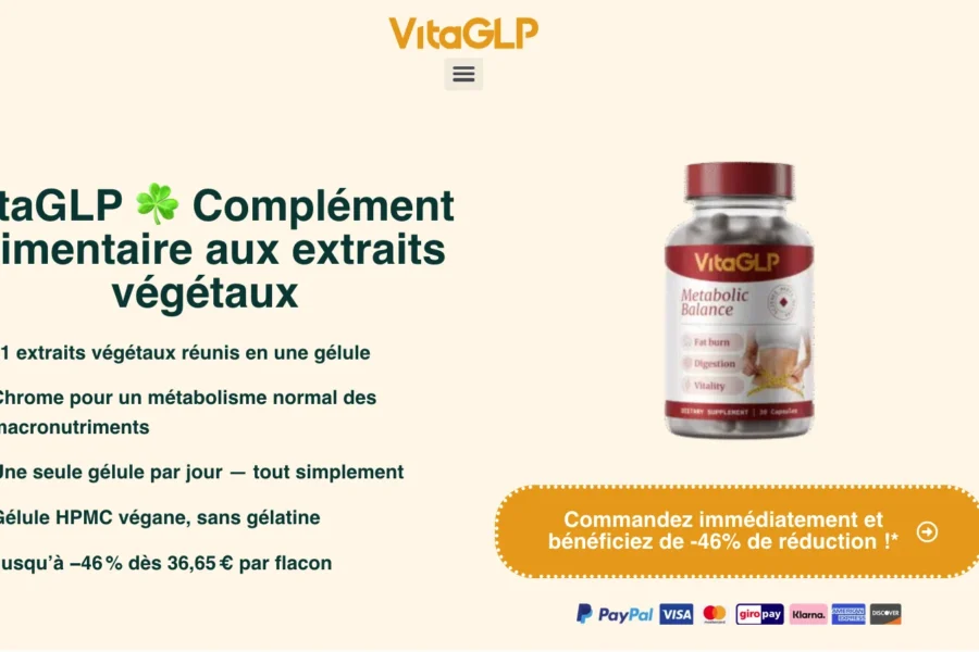 Page promotionnelle du complément alimentaire VitaGLP mettant en avant une bouteille de gélules et ses principaux avantages.