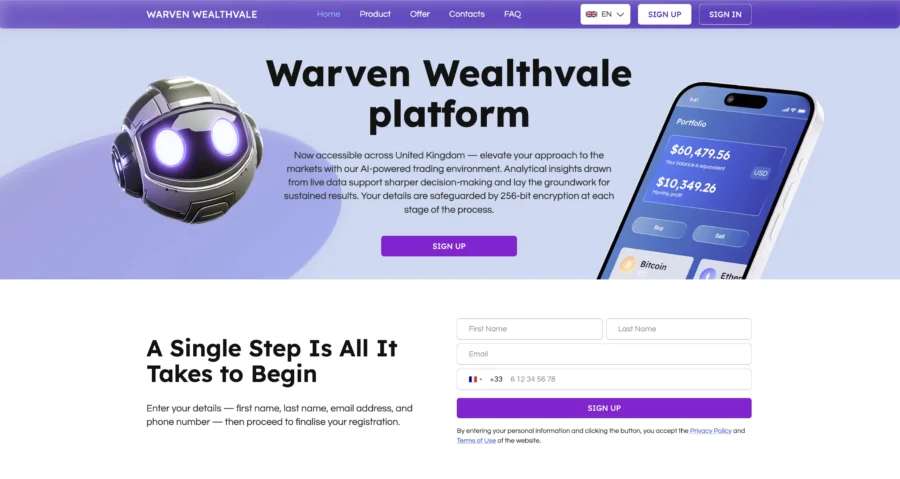 Interface web Warven Wealthvale avec un robot et un smartphone