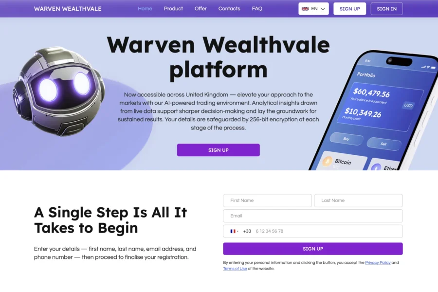 Interface web Warven Wealthvale avec un robot et un smartphone