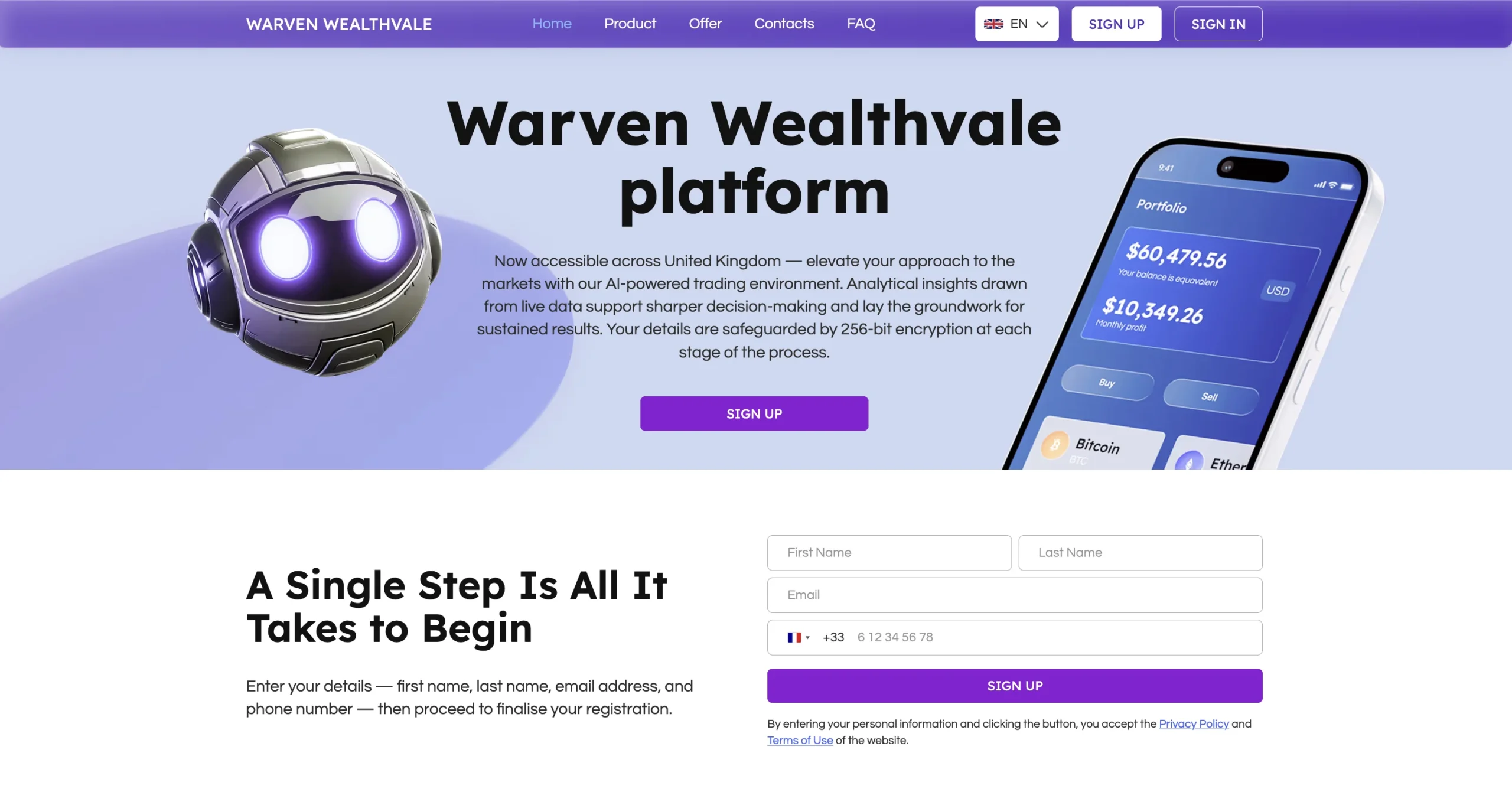 Interface web Warven Wealthvale avec un robot et un smartphone