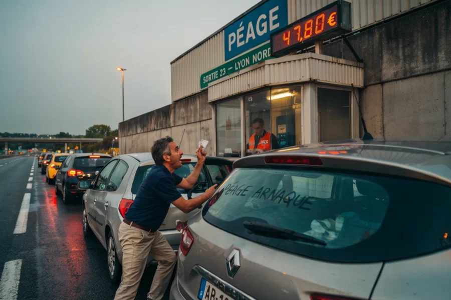 Un homme tend du cash à un agent pour régler un péage routier affiché à 47,80 € près de Lyon Nord.
