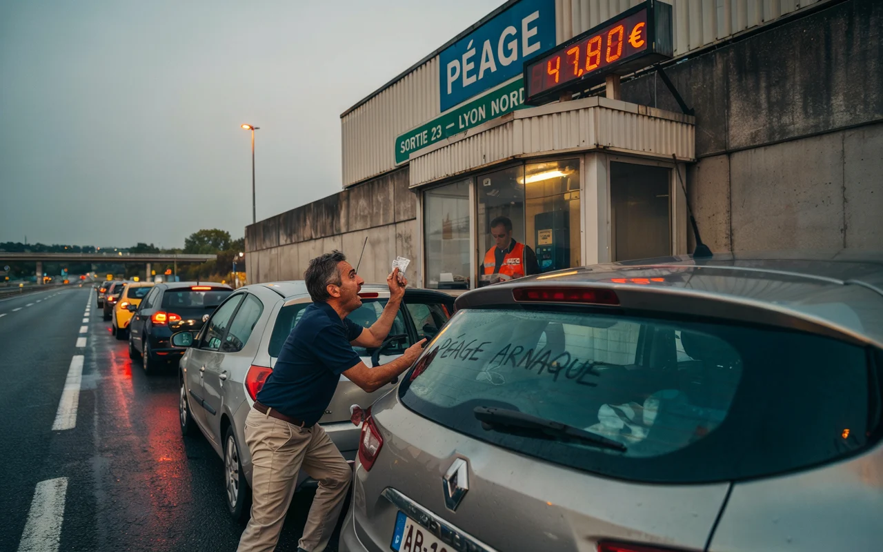Un homme tend du cash à un agent pour régler un péage routier affiché à 47,80 € près de Lyon Nord.